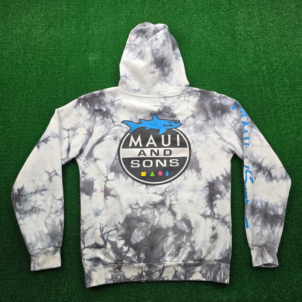 Maui and Sons Hoodie Sweatshirt Mens Small Tie Dye Shark Logo‎ Graphic Surfer
